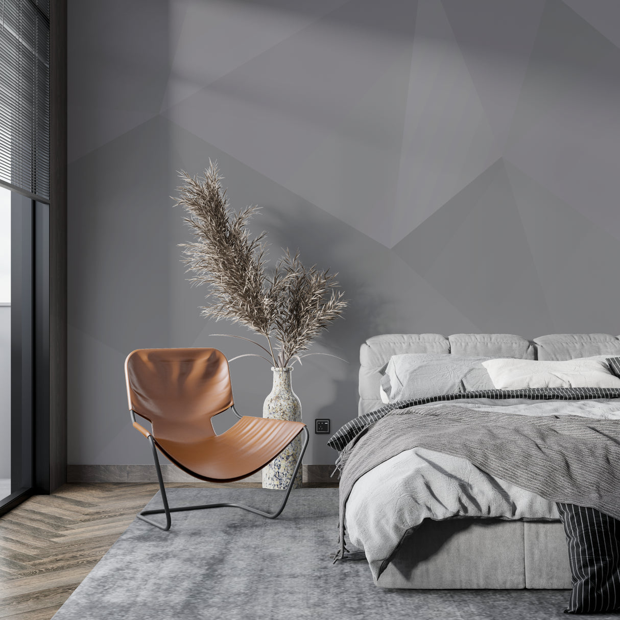 Modern grey wall mural in entryway showcasing angular pattern
