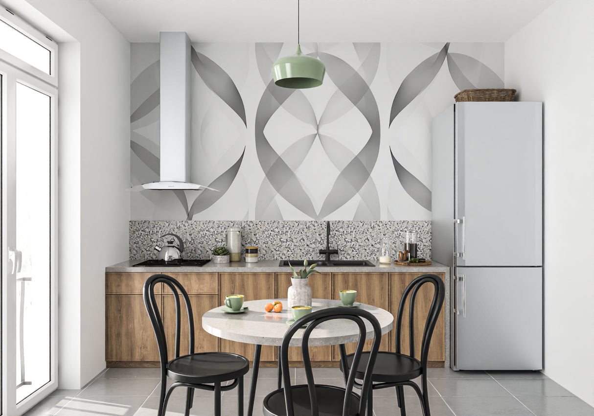 Modern grey wall mural in an open-plan dining area