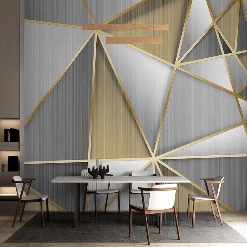 Grey and gold geometric wall mural creating an elegant dining room accent wall