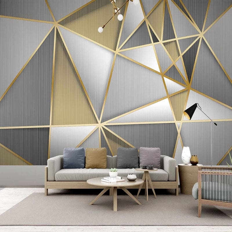 Abstract geometric wallpaper adding modern style to a master bedroom