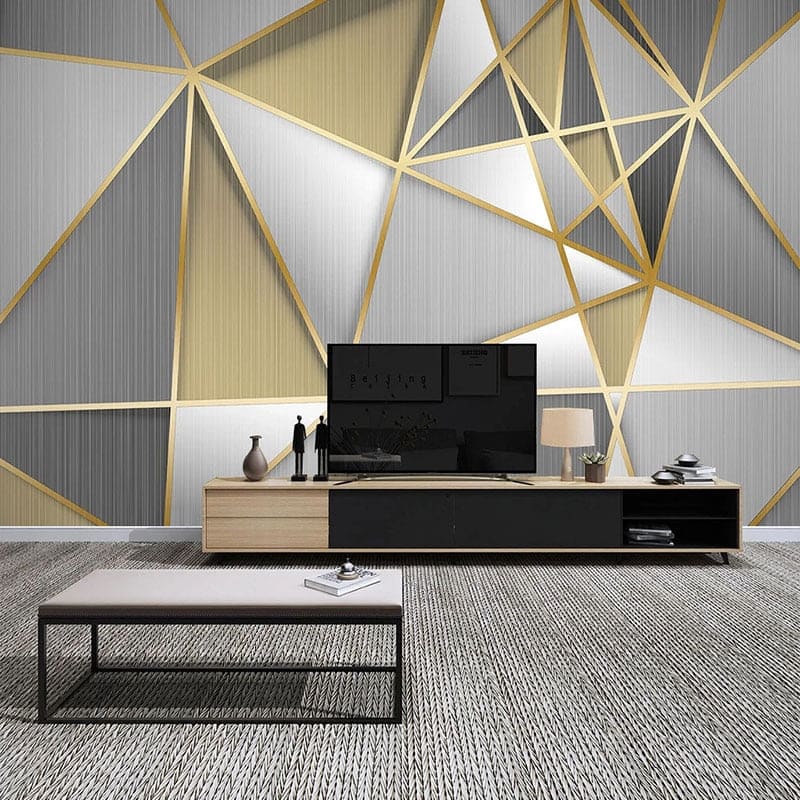 Modern office space featuring geometric pattern wallpaper in grey and gold