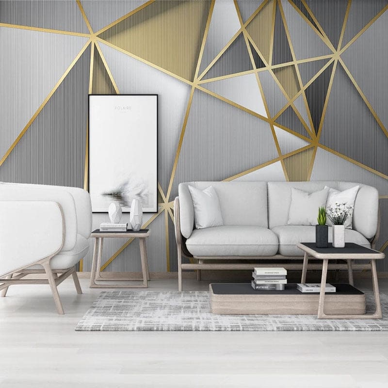 Geometric wall mural showcasing golden lines in a modern hallway setting