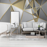 Geometric wall mural showcasing golden lines in a modern hallway setting