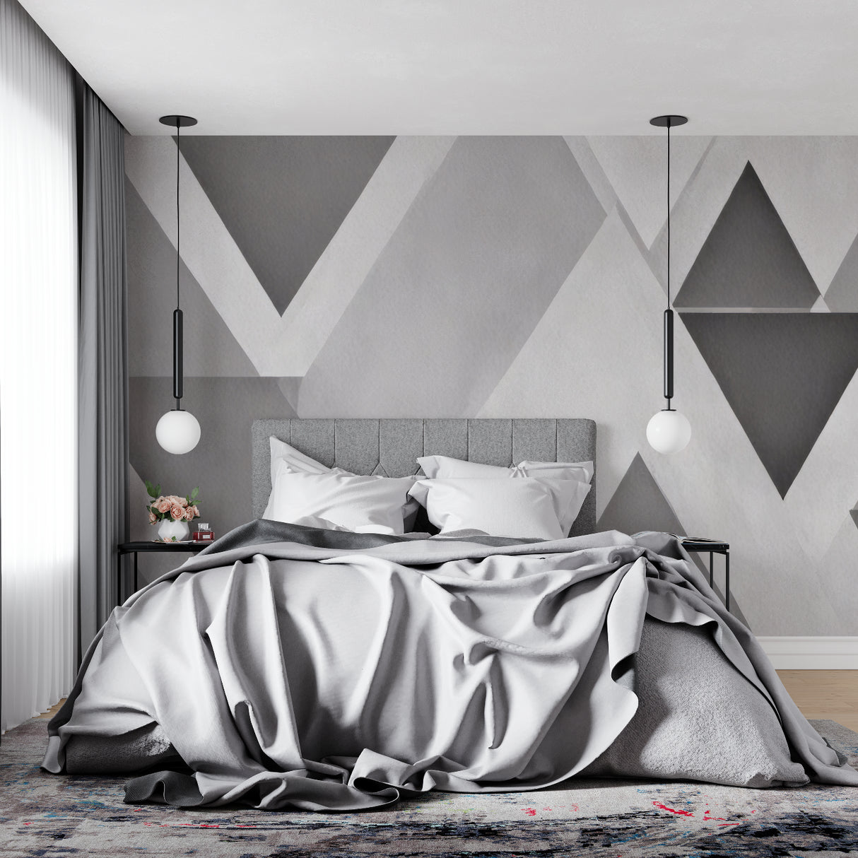 Grey geometric wall mural bringing depth to a modern home office setup