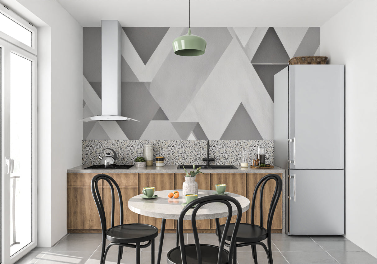 Modern grey geometric wallpaper making a statement in dining room