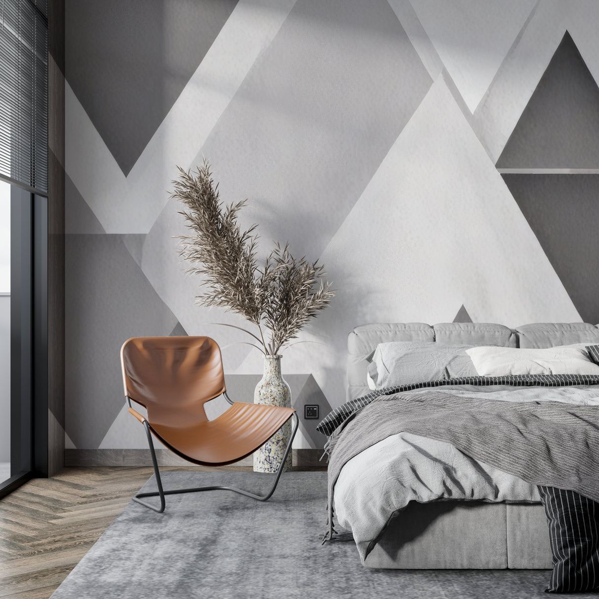 Angular geometric pattern enhancing hallway with subtle grey shadows
