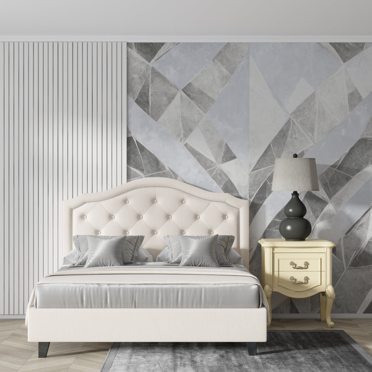 Modern geometric pattern wallpaper making statement in dining room