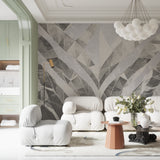 Angular geometric wallpaper design enhancing hallway walls