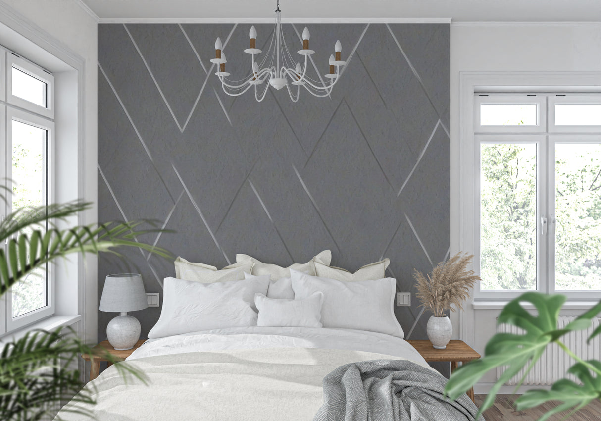 Grey diamond pattern wallpaper in home office showing clean lines and modern style