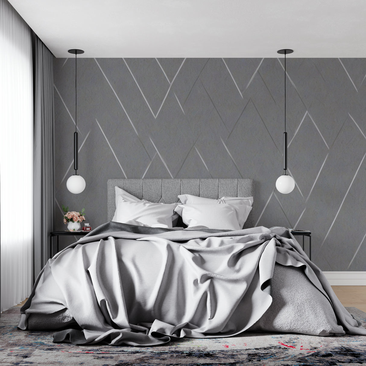 Geometric diamond wallpaper adding visual interest to a modern dining room