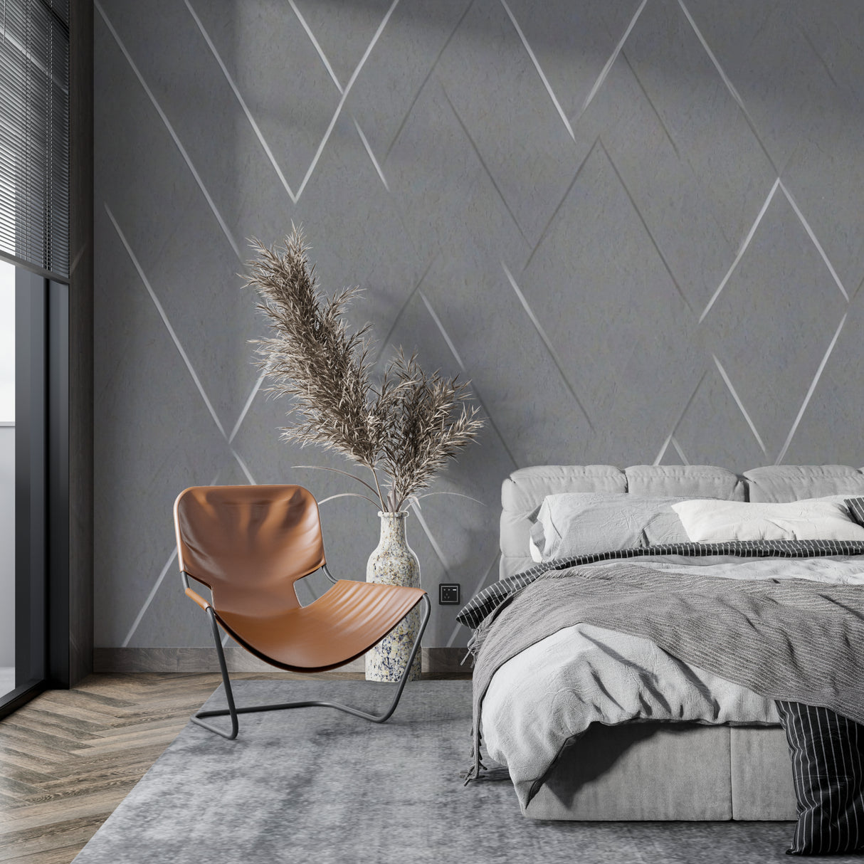 Diamond pattern wall mural creating depth in a modern hallway space