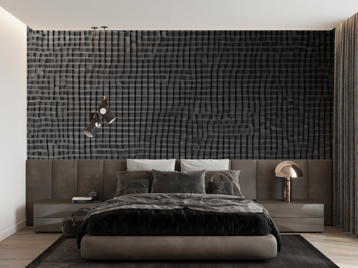 Modern grey geometric wallpaper in minimalist living room showing clean lines and contemporary design