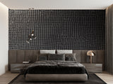 Modern grey geometric wallpaper in minimalist living room showing clean lines and contemporary design