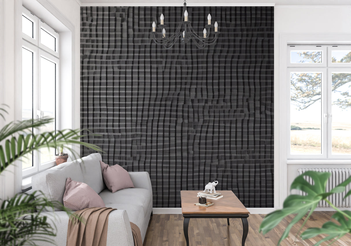 Geometric grid wallpaper adding depth to modern bedroom walls