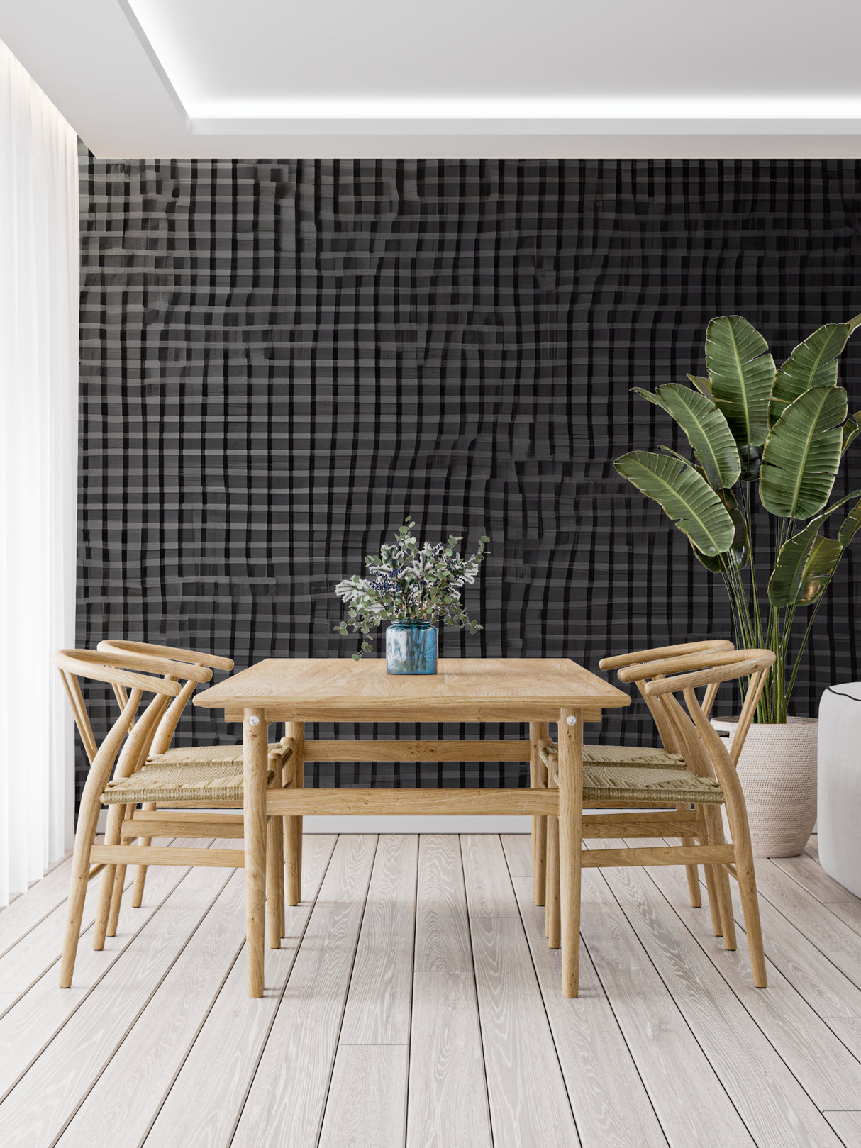 Modern grey wallpaper pattern making dining room look bigger