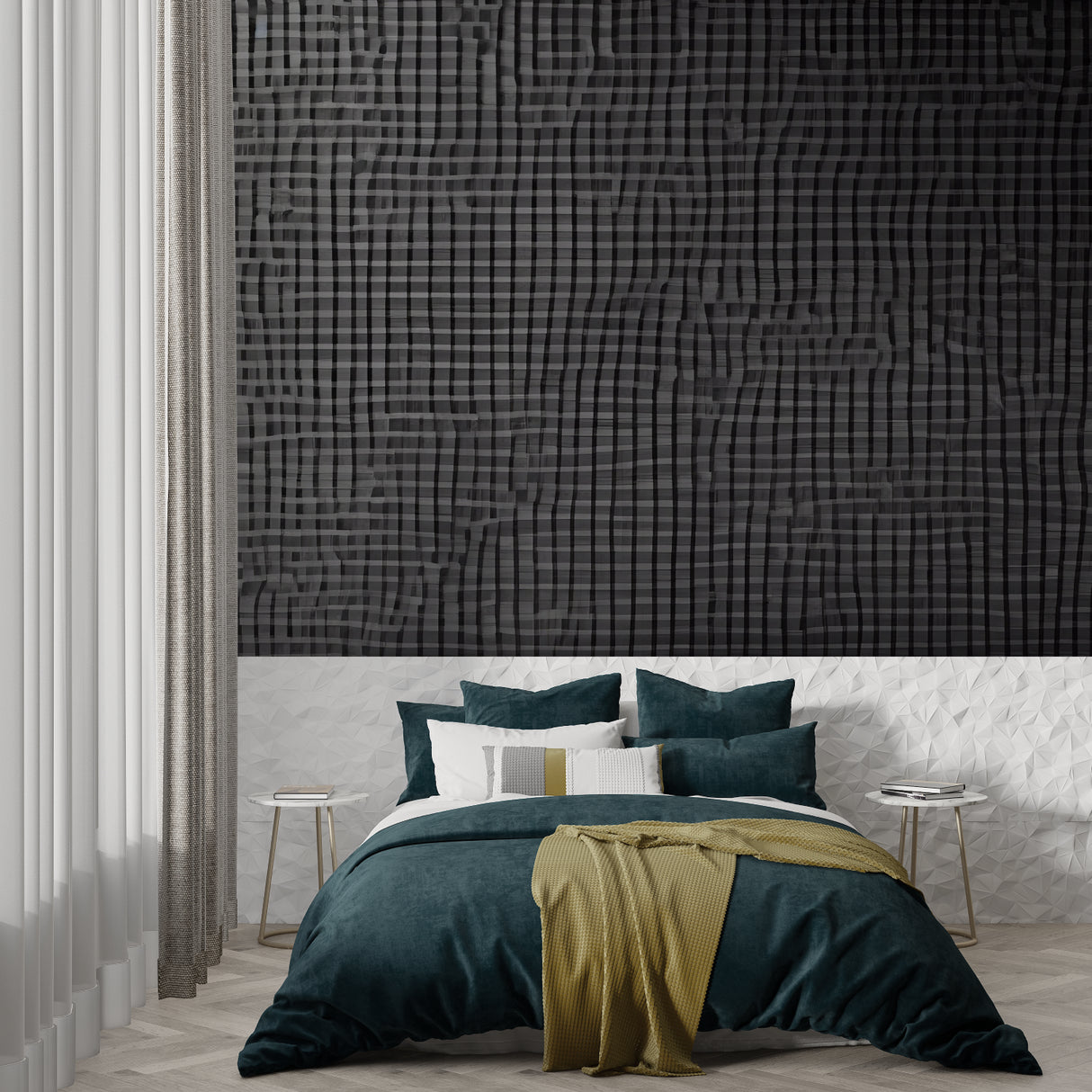 Contemporary grid wallpaper design in hallway showing pattern flow