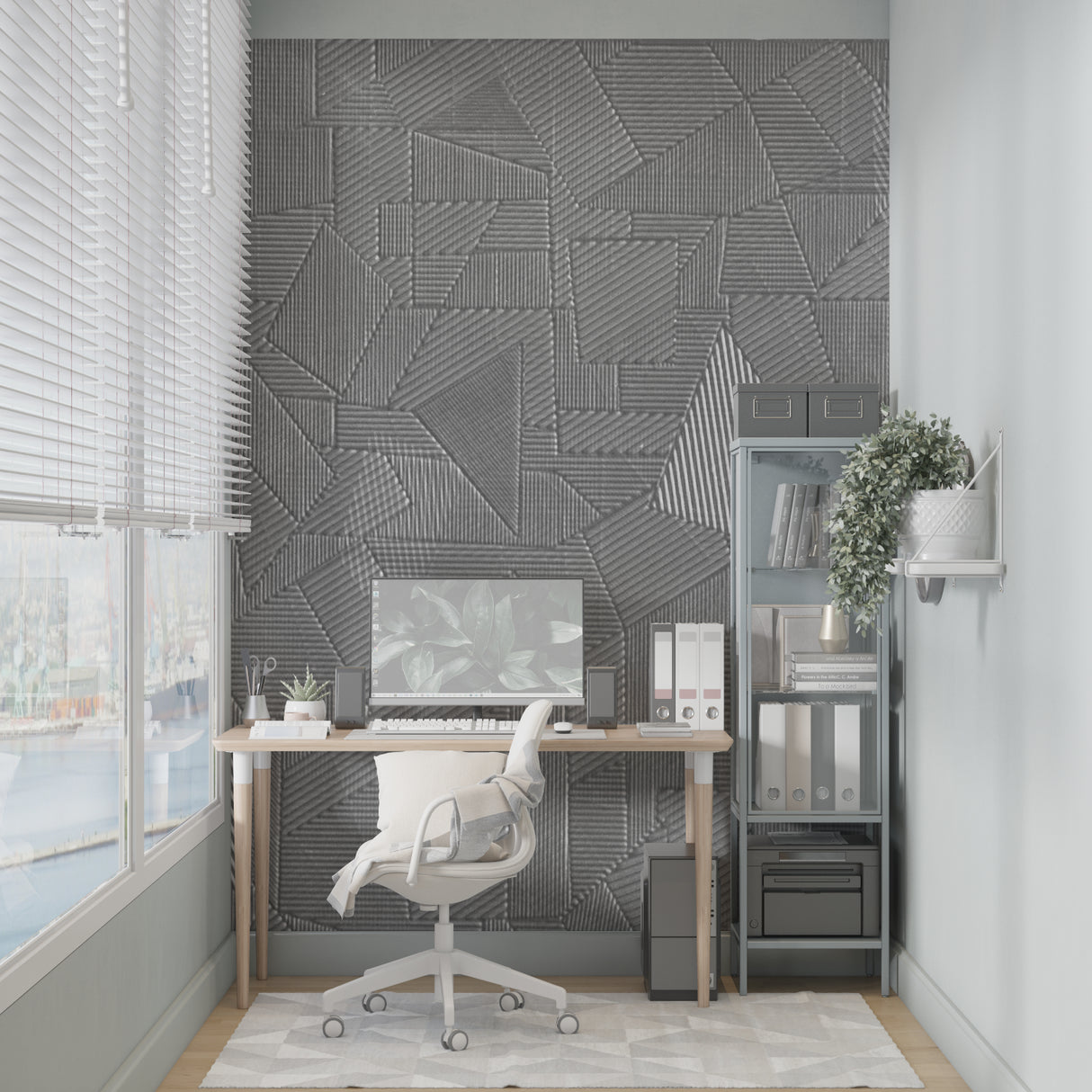 Bedroom with modern grey geometric wallpaper showing linear pattern detail