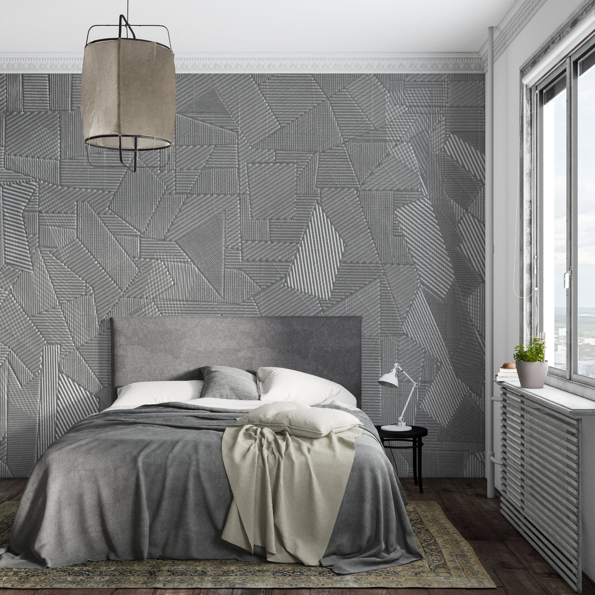 Minimalist hallway showcasing grey geometric wallpaper with clean lines