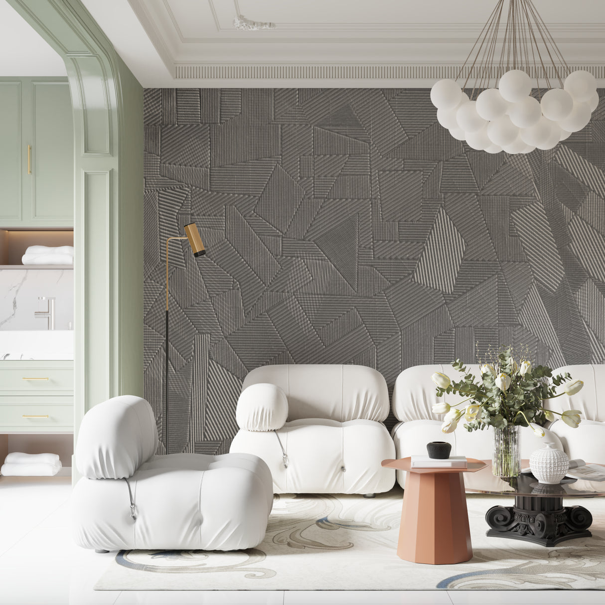 Linear pattern wallpaper bringing movement to an elegant hallway