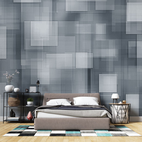 Modern grey geometric wallpaper in a minimalist office space, creating a clean and professional atmosphere