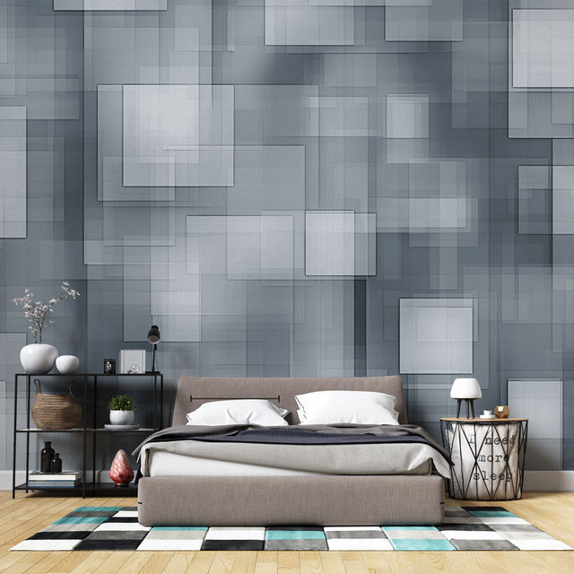 Modern grey geometric wallpaper in a minimalist office space, creating a clean and professional atmosphere