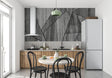 Modern geometric stone wallpaper in contemporary living room showing angular grey pattern and clean lines