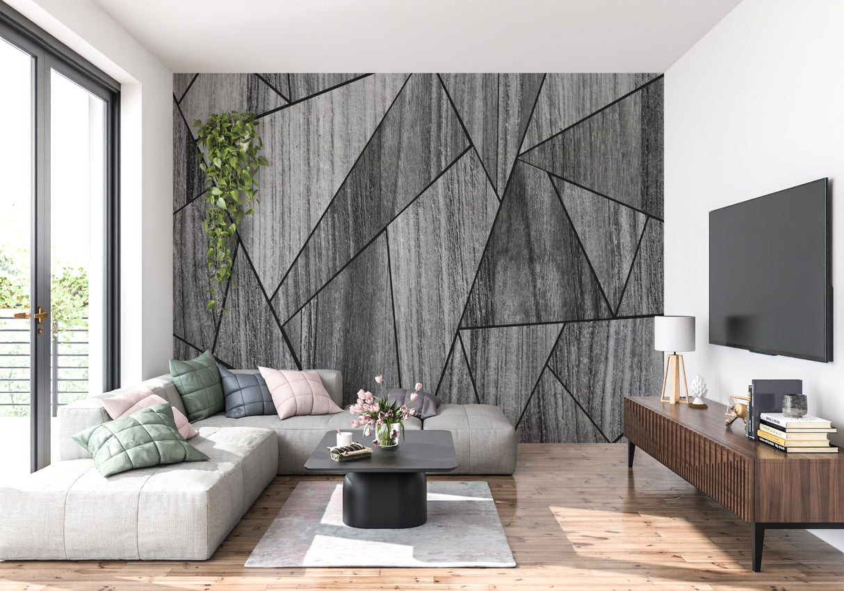 Modern stone pattern wallpaper adding sophistication to dining room wall