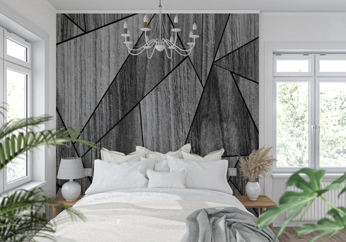 Geometric grey wallpaper making statement in modern bedroom setting