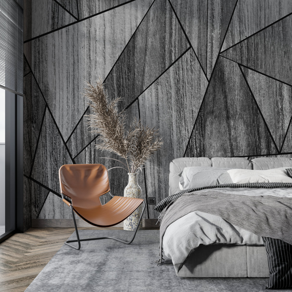 Wood pattern geometric wallpaper in modern dining room with pendant lights