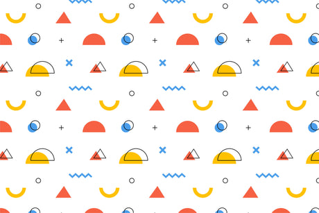 Design file showing repeating geometric pattern with orange and blue shapes on white background