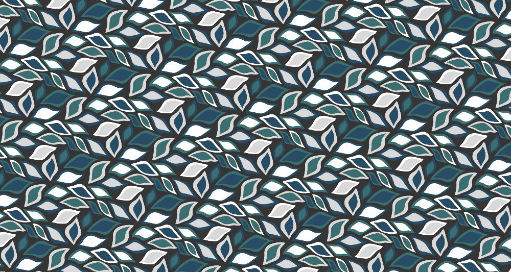Modern geometric leaf wallpaper in blue and white showcased in a bright, contemporary living room setting