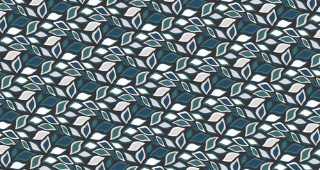 Modern geometric leaf wallpaper in blue and white showcased in a bright, contemporary living room setting