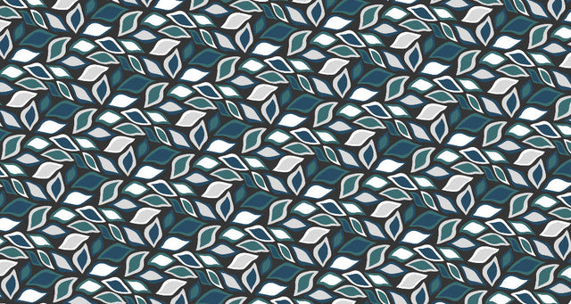 Modern geometric leaf wallpaper in blue and white showcased in a bright, contemporary living room setting