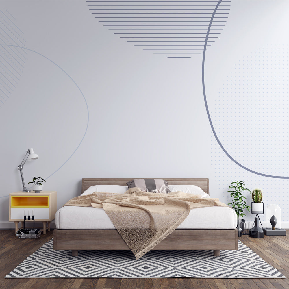 Modern geometric line art wallpaper in a bright, minimalist living room showing curved patterns and clean lines