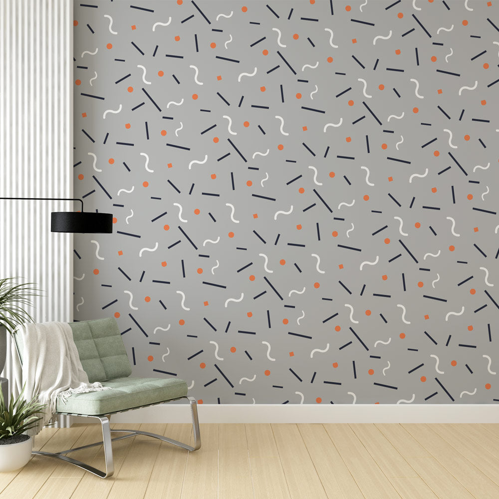 Modern Geometric Wallpaper showcased in a bright home office with grey and coral accents creating a fresh workspace atmosphere