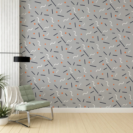 Modern Geometric Wallpaper showcased in a bright home office with grey and coral accents creating a fresh workspace atmosphere
