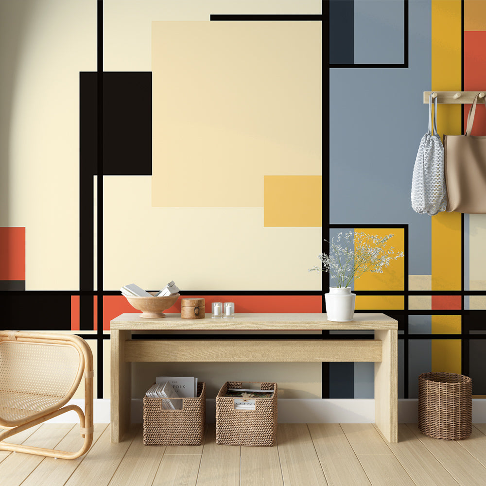 Modern geometric wallpaper in bright living room setting, showing bold Mondrian-inspired pattern with clean lines and color blocks
