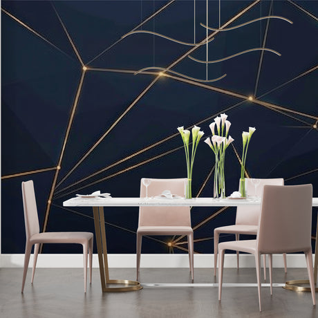 Geometric wallpaper with gold lines in modern living room, creating a luxurious atmosphere with navy blue backdrop