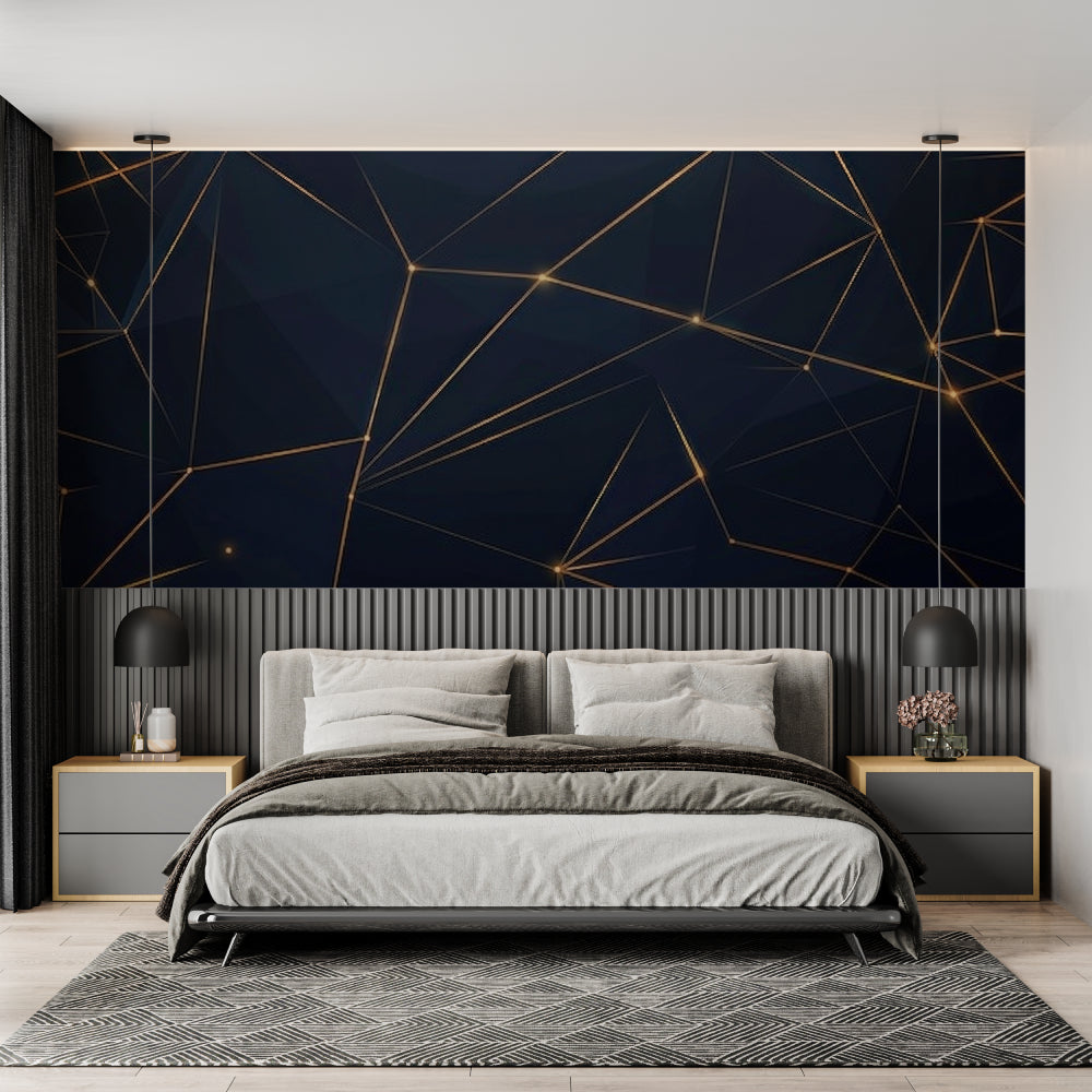 Navy and gold geometric wall mural in master bedroom showing pattern detail