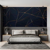 Navy and gold geometric wall mural in master bedroom showing pattern detail