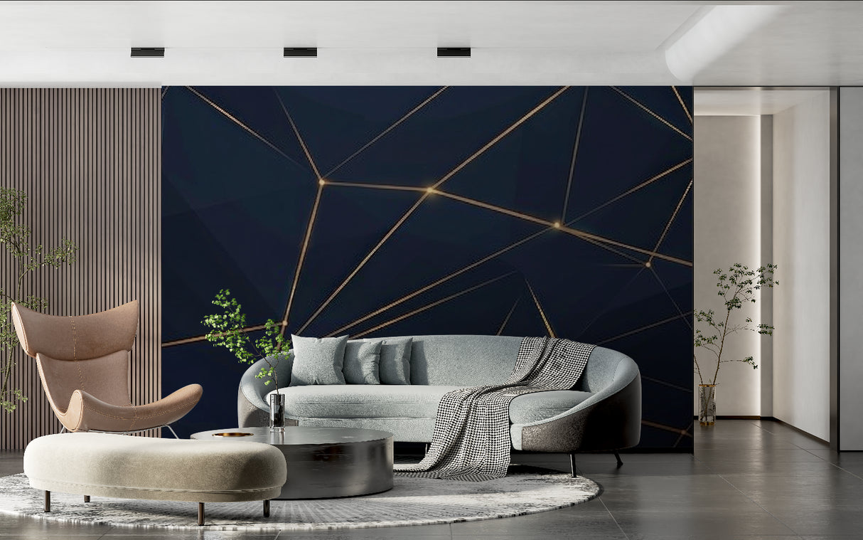 Dining room showcase of geometric pattern wallpaper with evening lighting