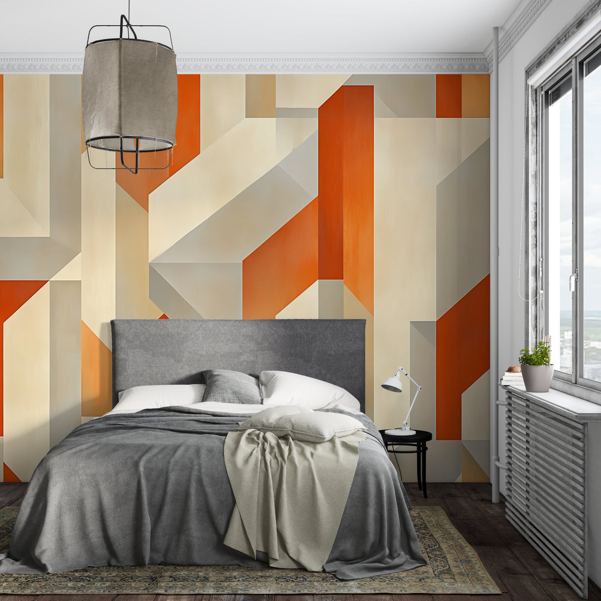 Contemporary geometric mural in hallway with accent lighting