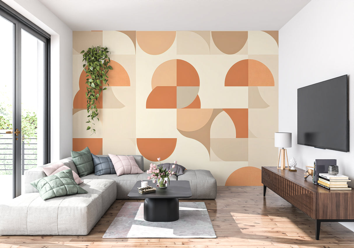 Geometric circle wallpaper creating focal point in minimal dining room