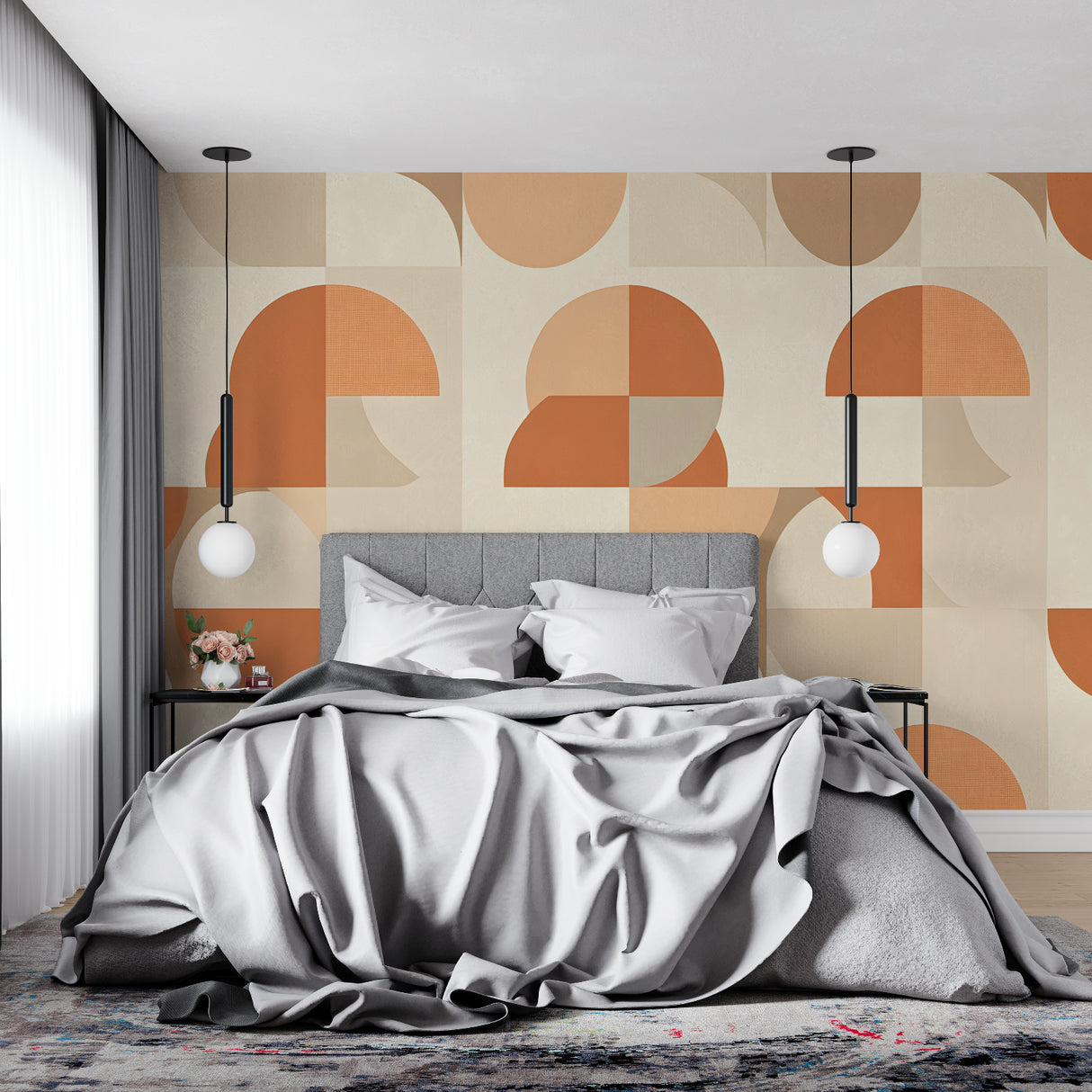 Orange and beige circle pattern wallpaper in modern home office setup