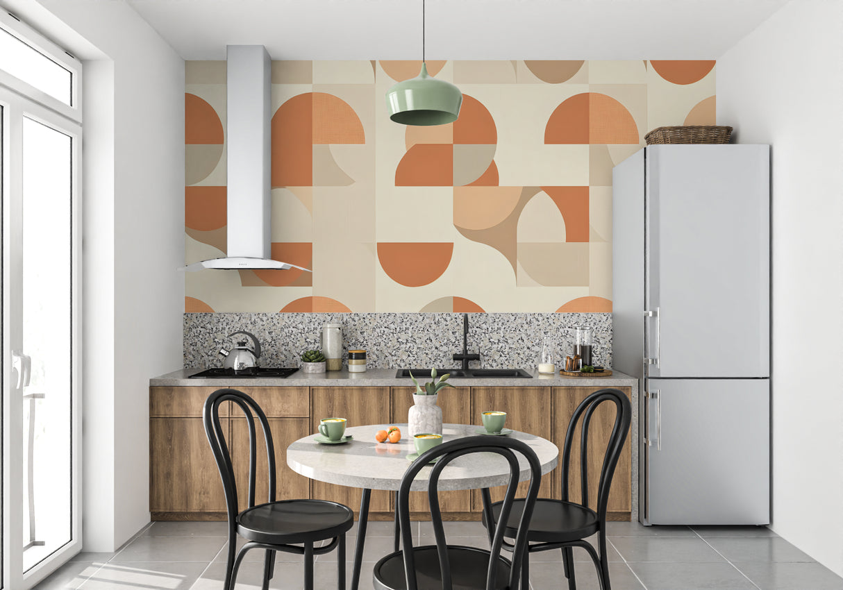 Contemporary bedroom with geometric orange wallpaper accent wall