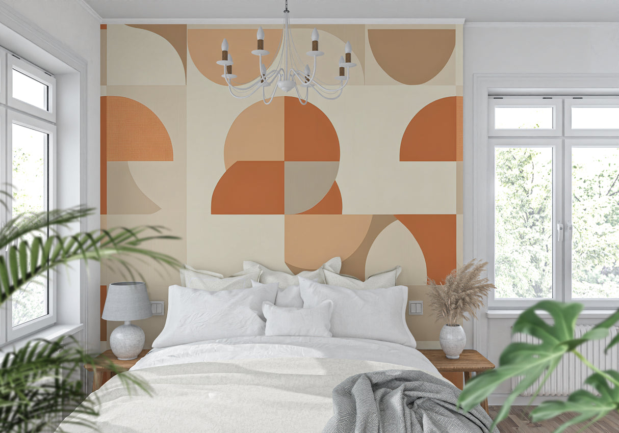 Abstract circle wallpaper bringing warmth to modern hallway design