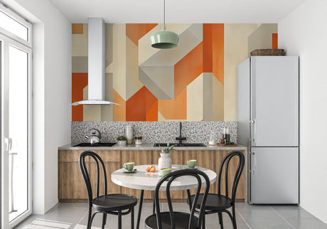 Modern geometric orange wallpaper in contemporary living room setting with minimal furniture