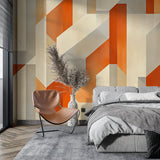 Orange geometric wall mural creating depth in modern home office space
