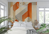 Geometric pattern wallpaper adding warmth to minimalist dining room