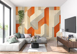 Bold orange geometric wallpaper in bright hallway setting